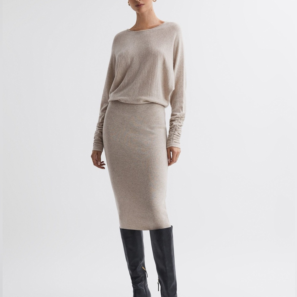 Reiss Leila Neutral Wool Blend Ruched Sleeve Dolman Midi Sweater Dress Size L - Picture 1 of 10